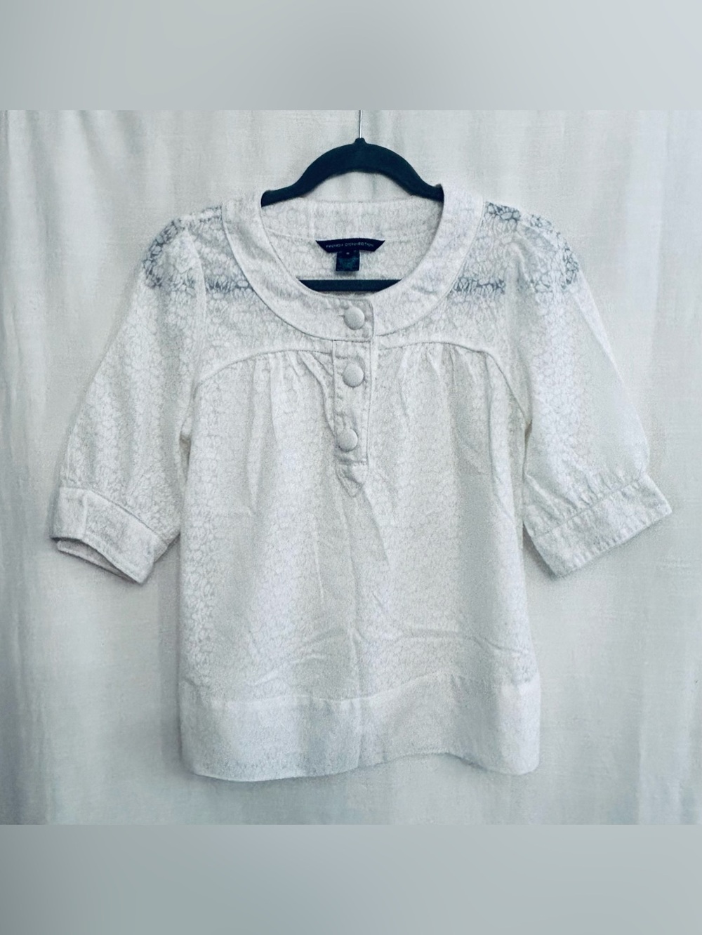 French Connection White Lace-Textured Women's Top with Yoke and‎ Covered Buttons